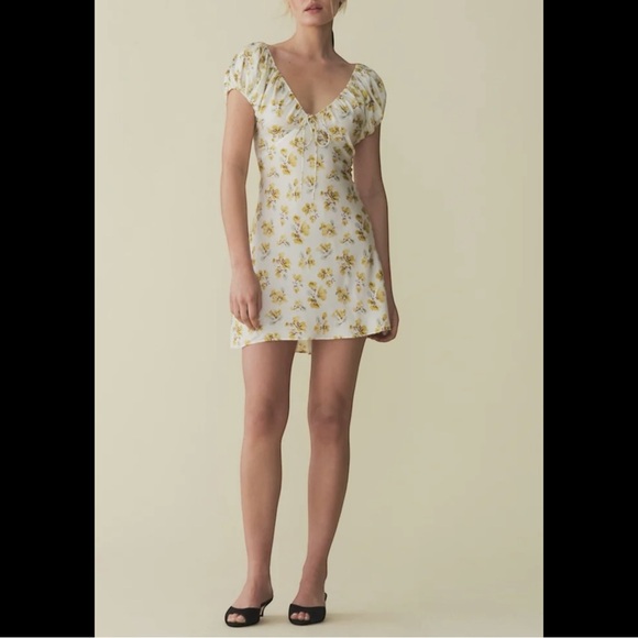 Doen Sera Gold Floral Silk Blend Babydoll Mini Dress Coquette Romantic - Picture 5 of 13